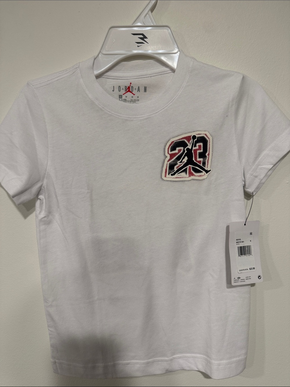 Jordan White Kids Short Sleeve Tee with 23 Patch Accent